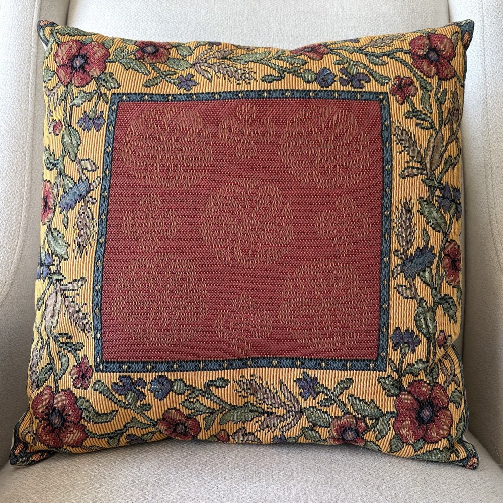 VTG Goblys French Tapestry Throw Pillow Cottage Floral Country 18X18 Old Money